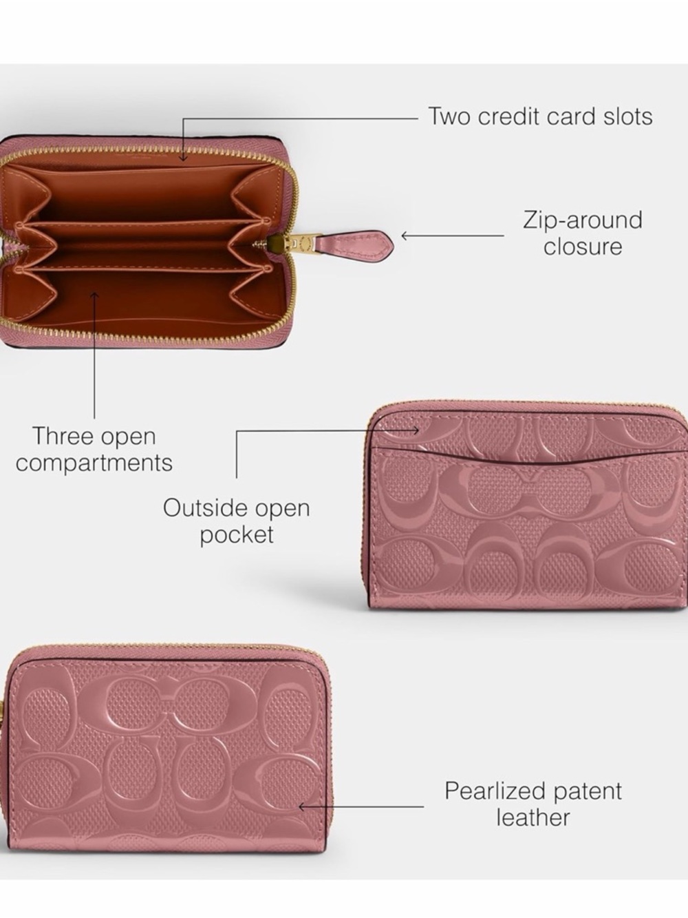 Coach Essential Small Card Case Leather Zip Wallet in Mauve Pink - Picture 3 of 5